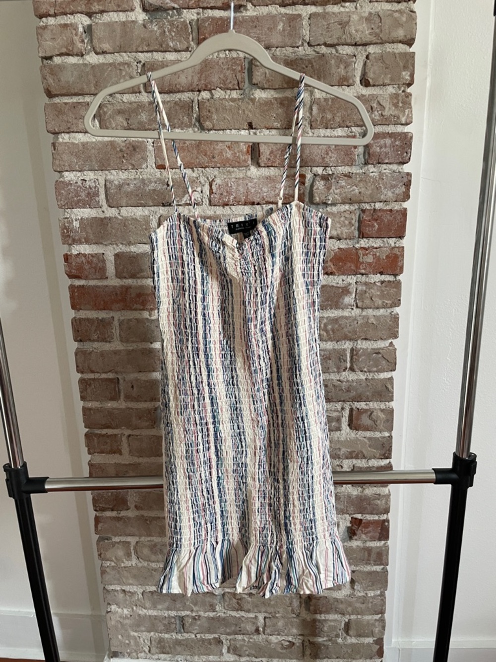 Striped Smocked Spaghetti Strap Mini Dress in Cream and Blue